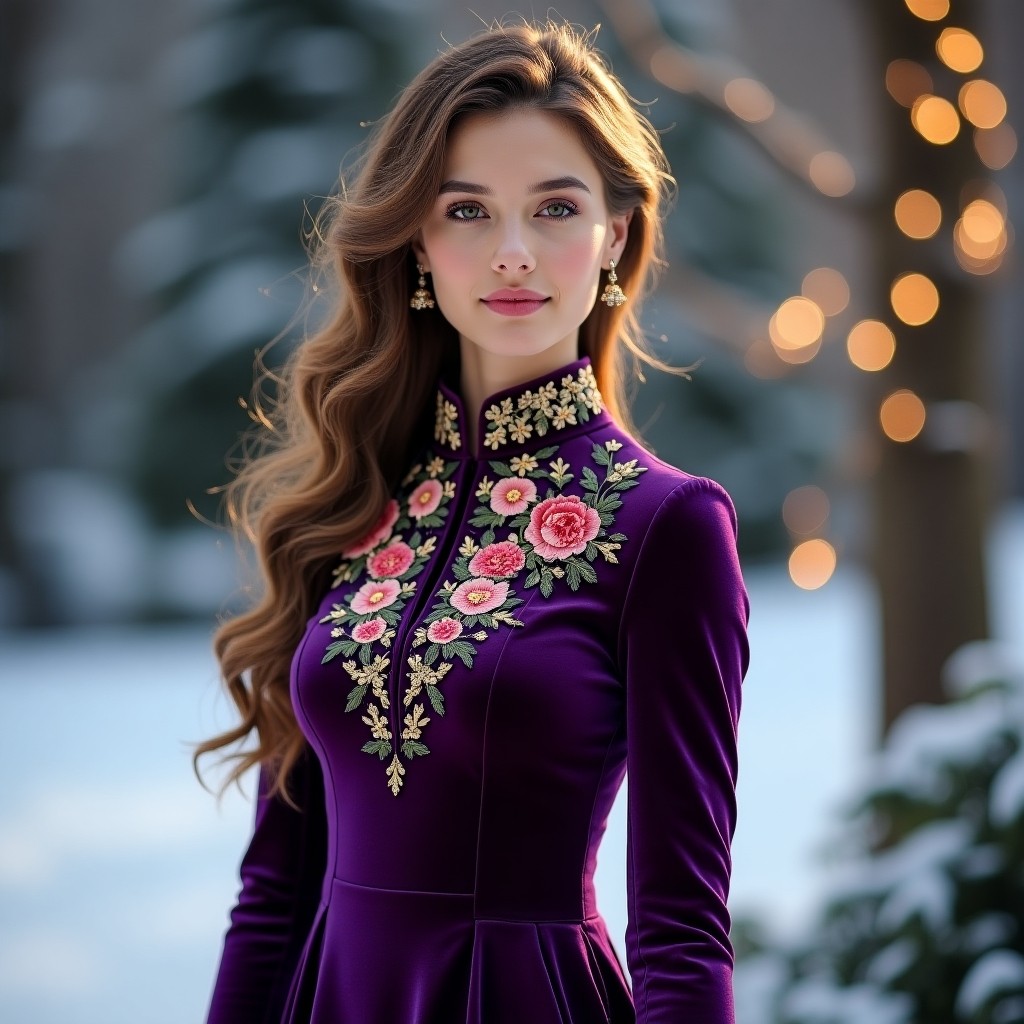 Platinum Burgundy Velvet Dress with Luxury Floral Embroidery