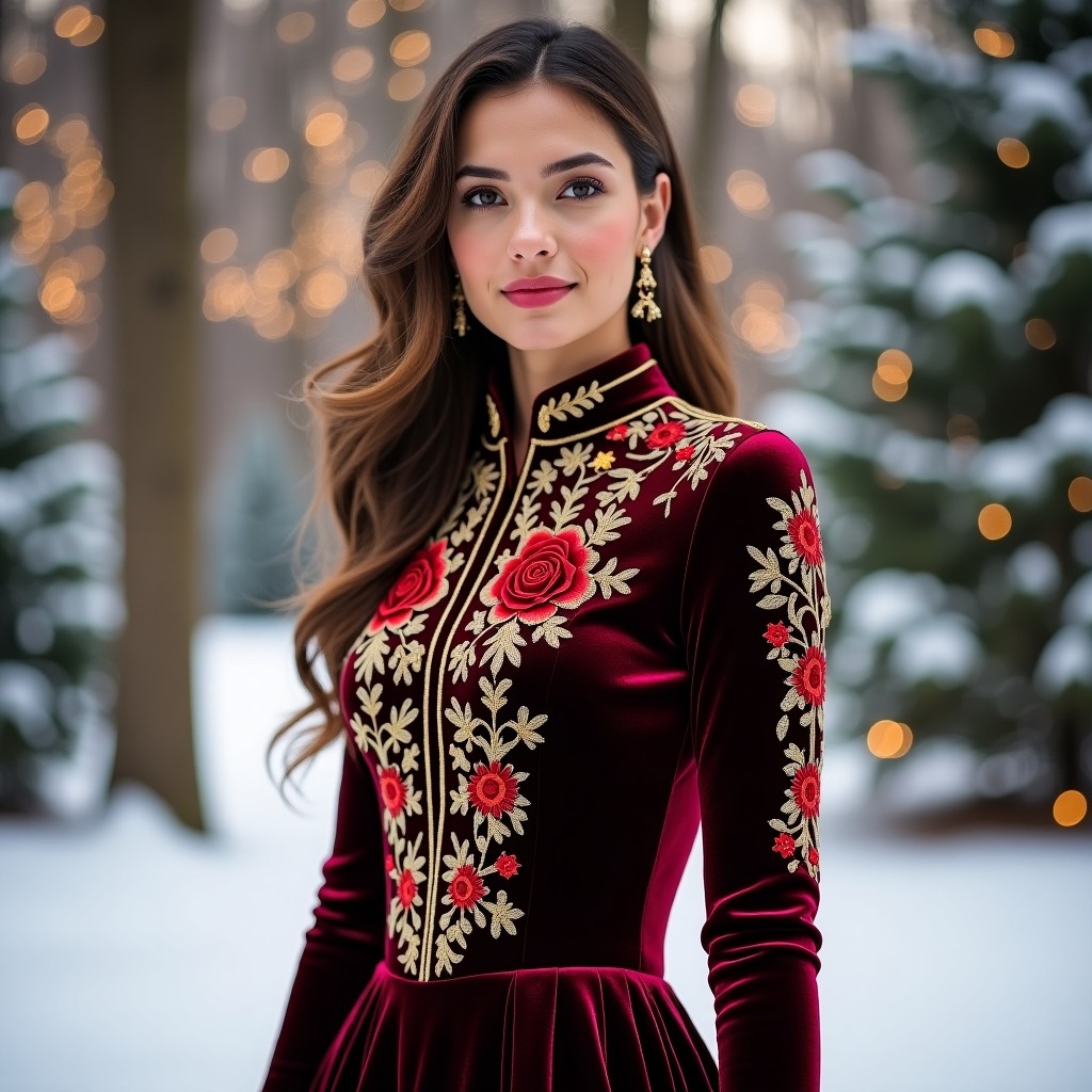 Diamond Burgundy Velvet Floral Designer Dress