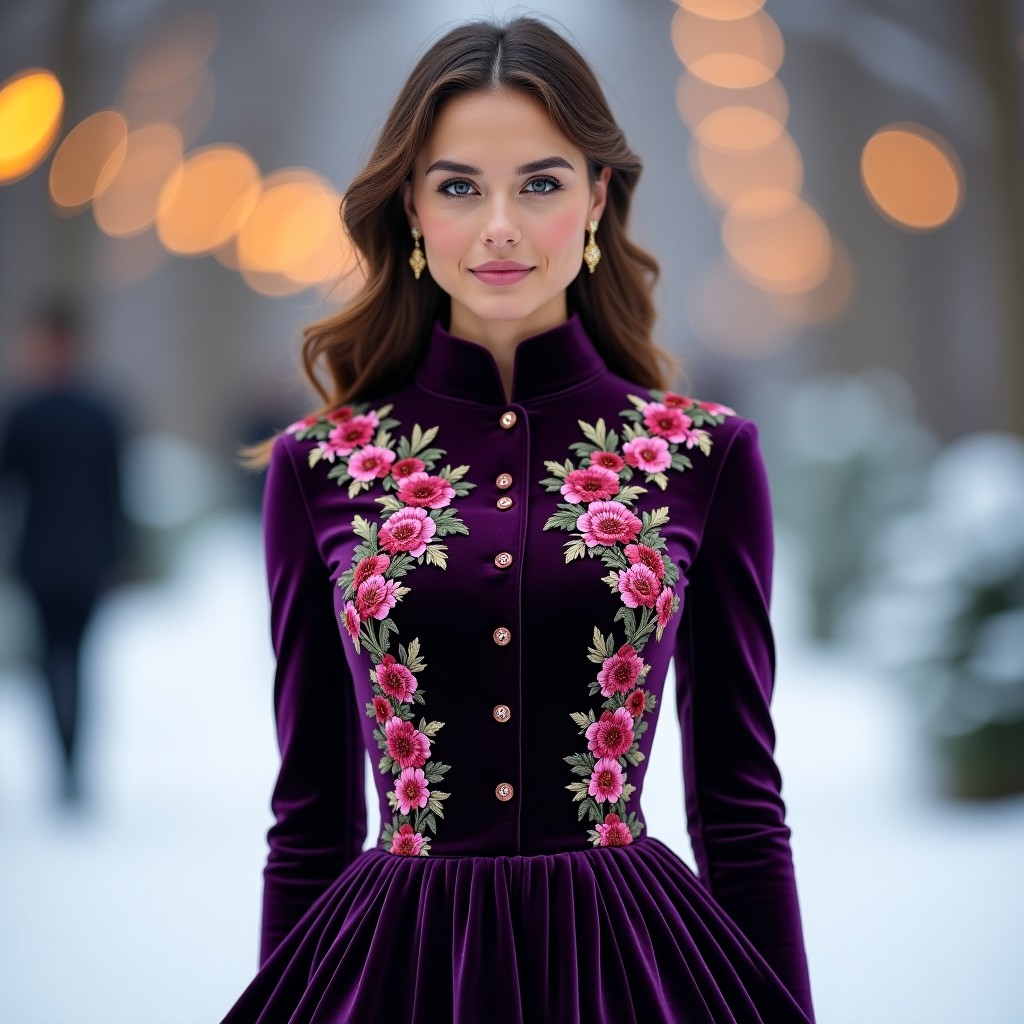 Elegant Ruby Velvet Floral Couture Dress