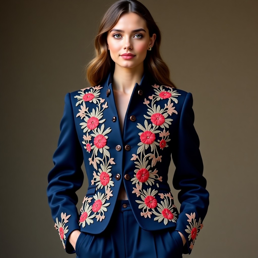 Royal Azure Floral Embroidered Tailored Jacket