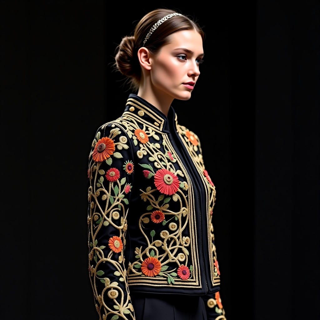 Elegant Sapphire Floral Embroidered Couture Blazer