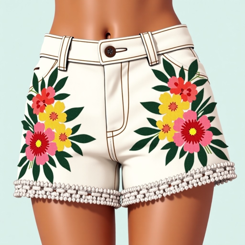Imperial Spring Blossom Embroidered Casual Shorts