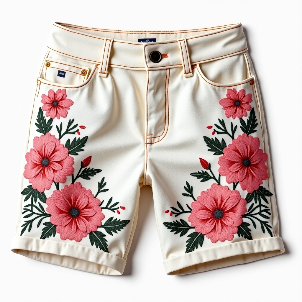 Luxury Pink Garden Floral Embroidered Resort Shorts