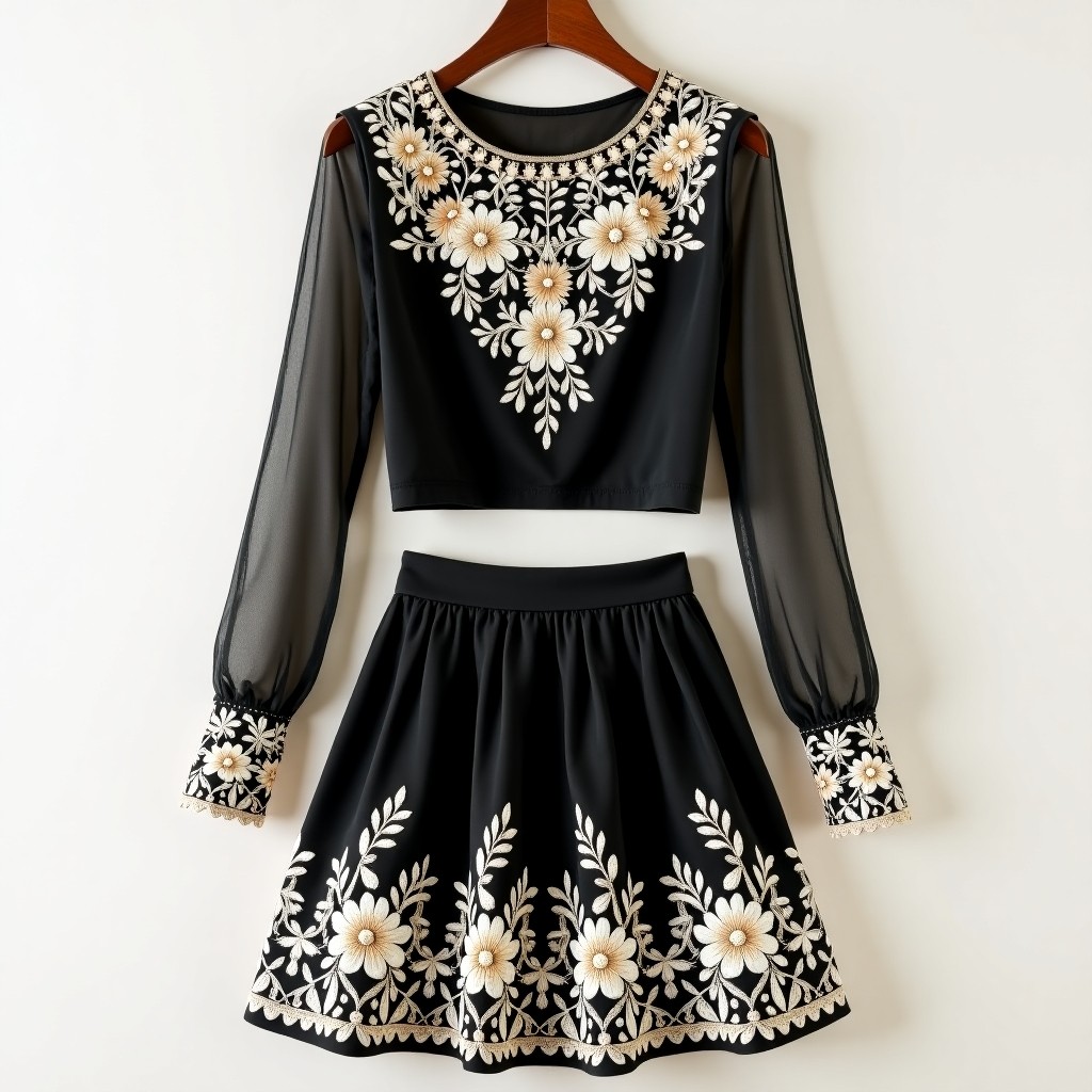 Diamond Prestige Royal Floral Embroidered Couture Skirt & Crop Top Set