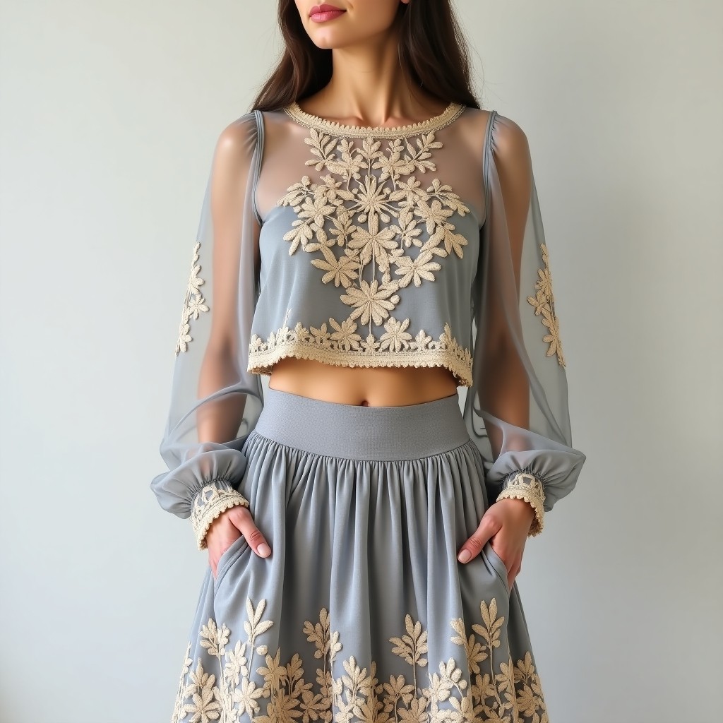Diamond Supreme Royal Floral Embroidered Couture Skirt & Crop Top Set