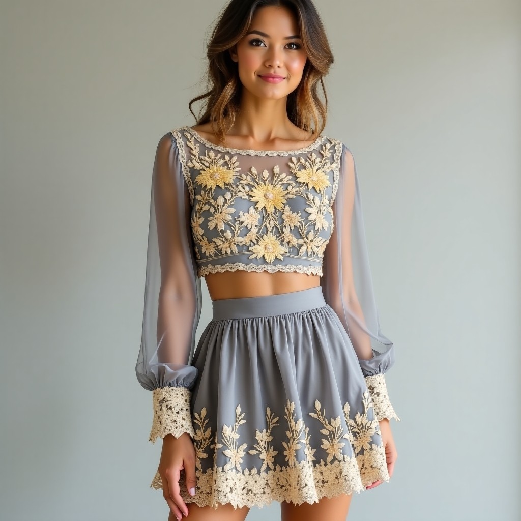 Royal Diamond Blossom Embroidered Women's Luxury Skirt & Crop Top Set