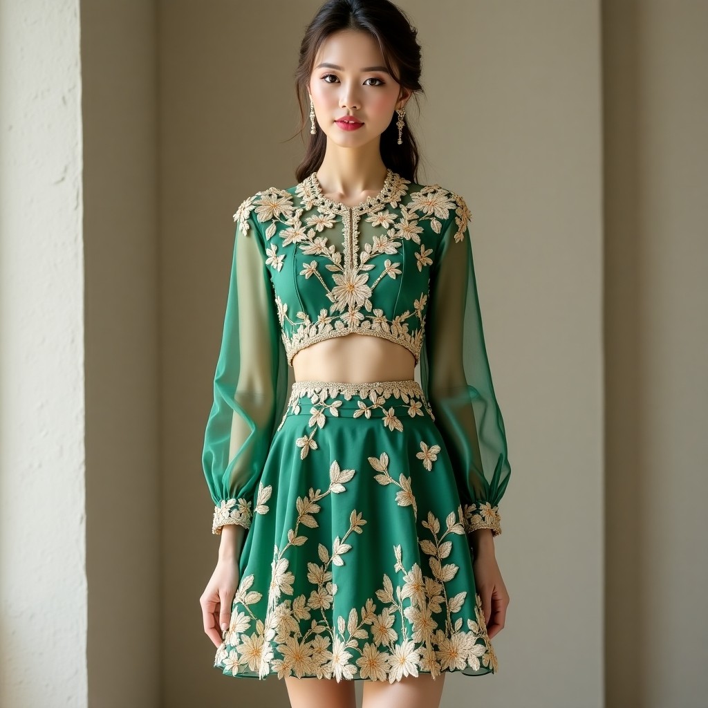Diamond Crown Royale Floral Embroidered Luxury Skirt & Crop Top Couture Set