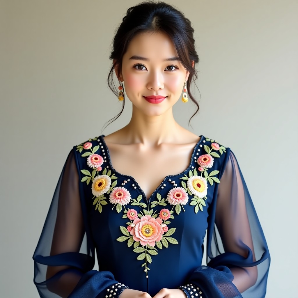Premium Blossom Arc Neckline Embroidery