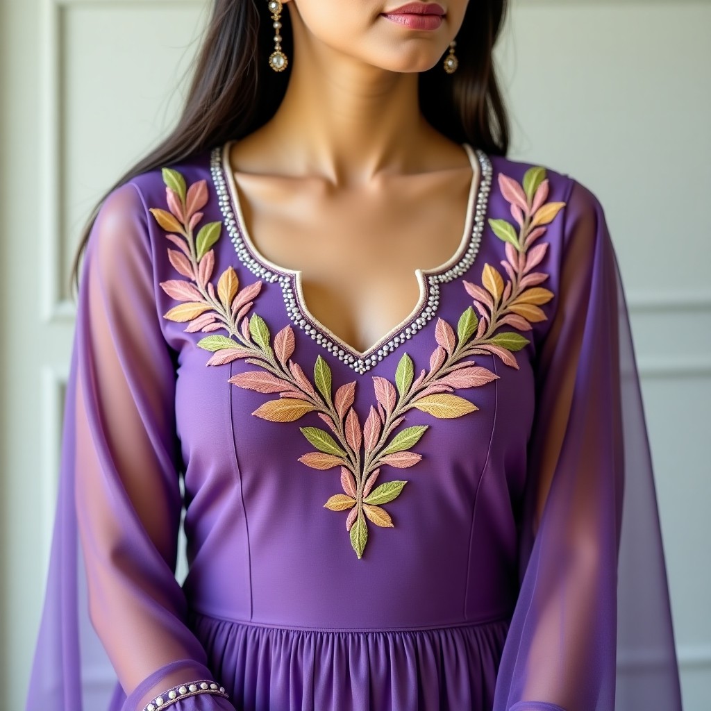 Royal Floral Wave Neckline Embroidery