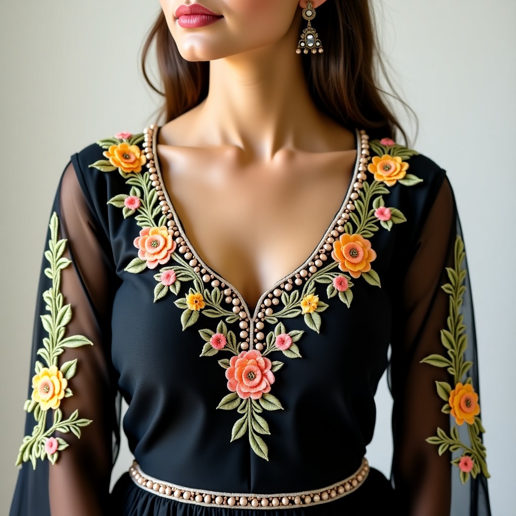 Luxury Botanical Rose Neckline Embroidery