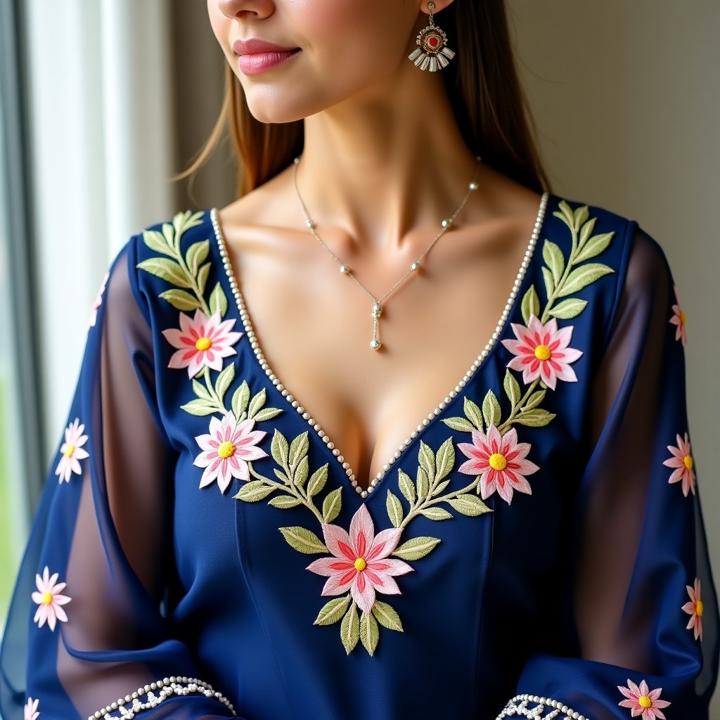 Royal Petal Blossom Neckline Embroidery