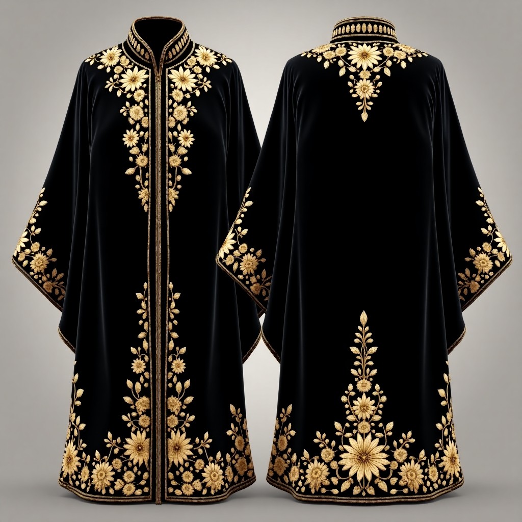 Black Pink Blossom Open Front Abaya