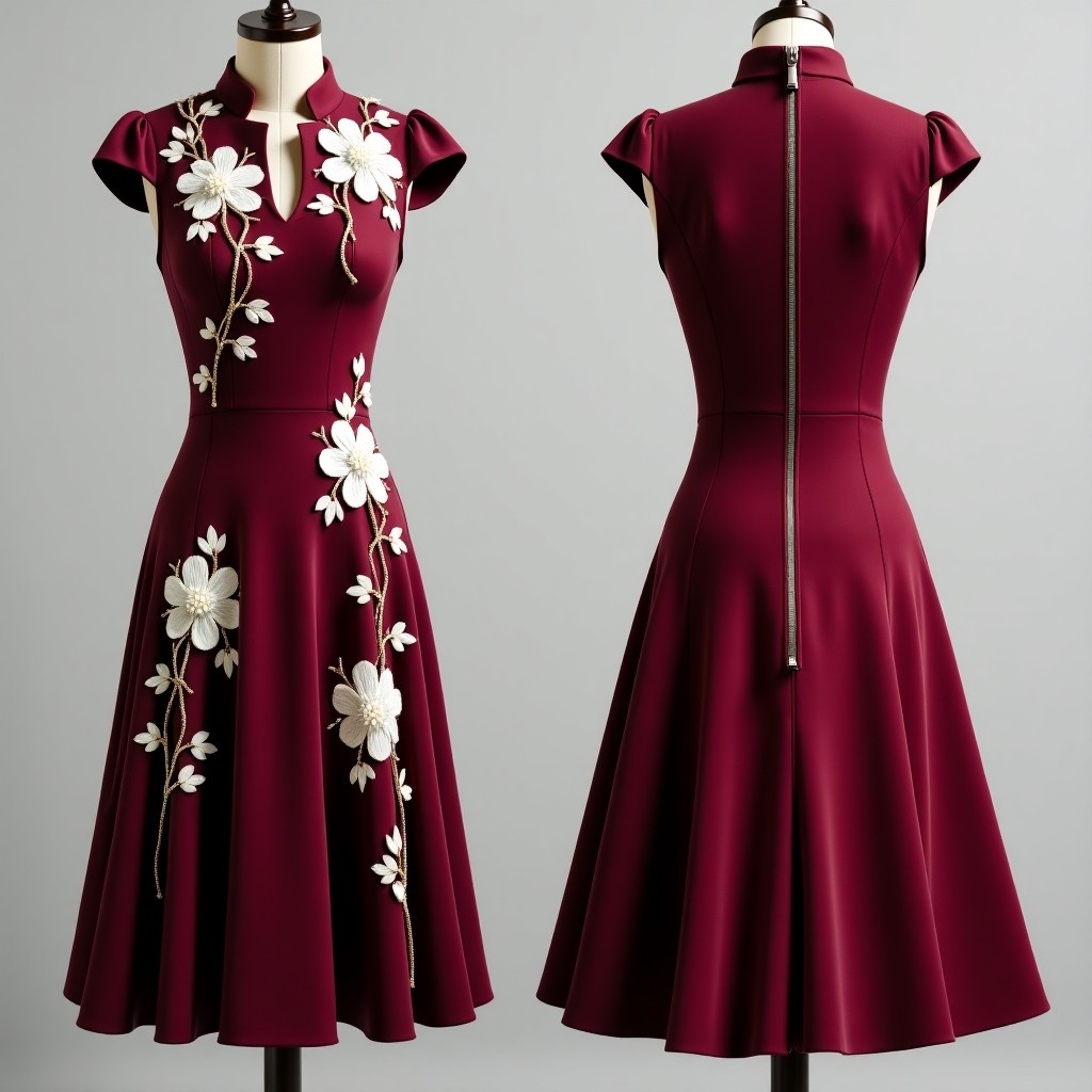 Royal Burgundy Abaya Embroidered Maxi Dress