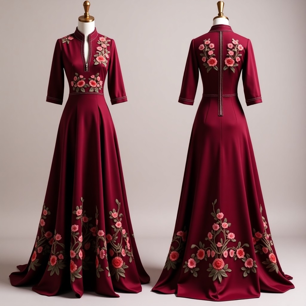 Burgundy Floral Embroidered Abaya Maxi Gown