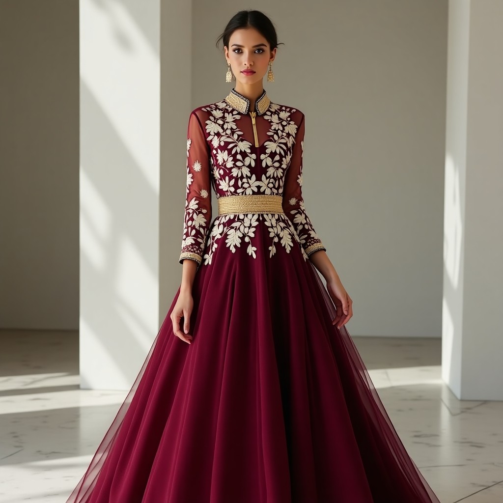 Burgundy Floral Embroidered Abaya Maxi Gown