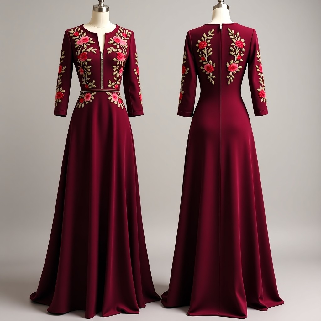 Maroon Floral Embroidered Luxury Maxi Dress