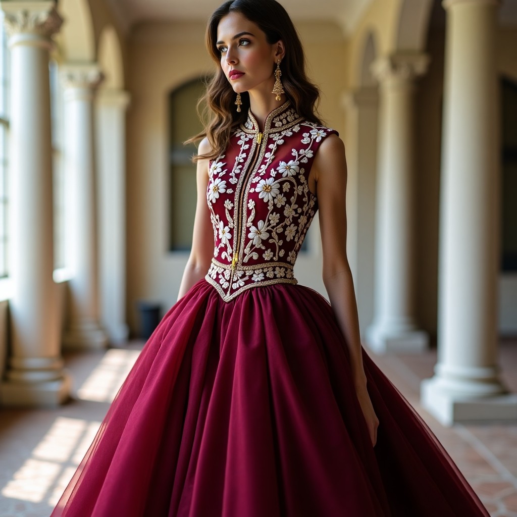 Luxury Maroon Embroidered Evening Maxi Dress