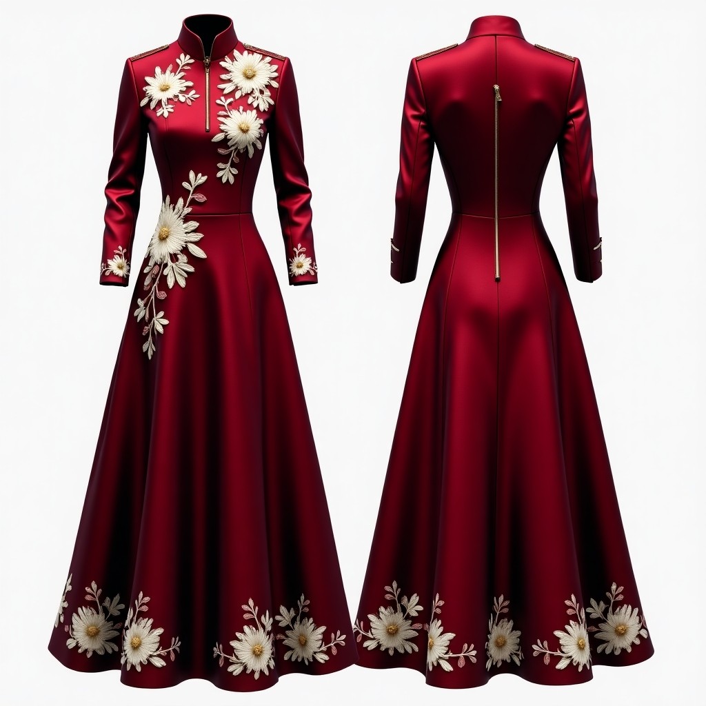 Elegant Burgundy Floral Embroidered Maxi Gown