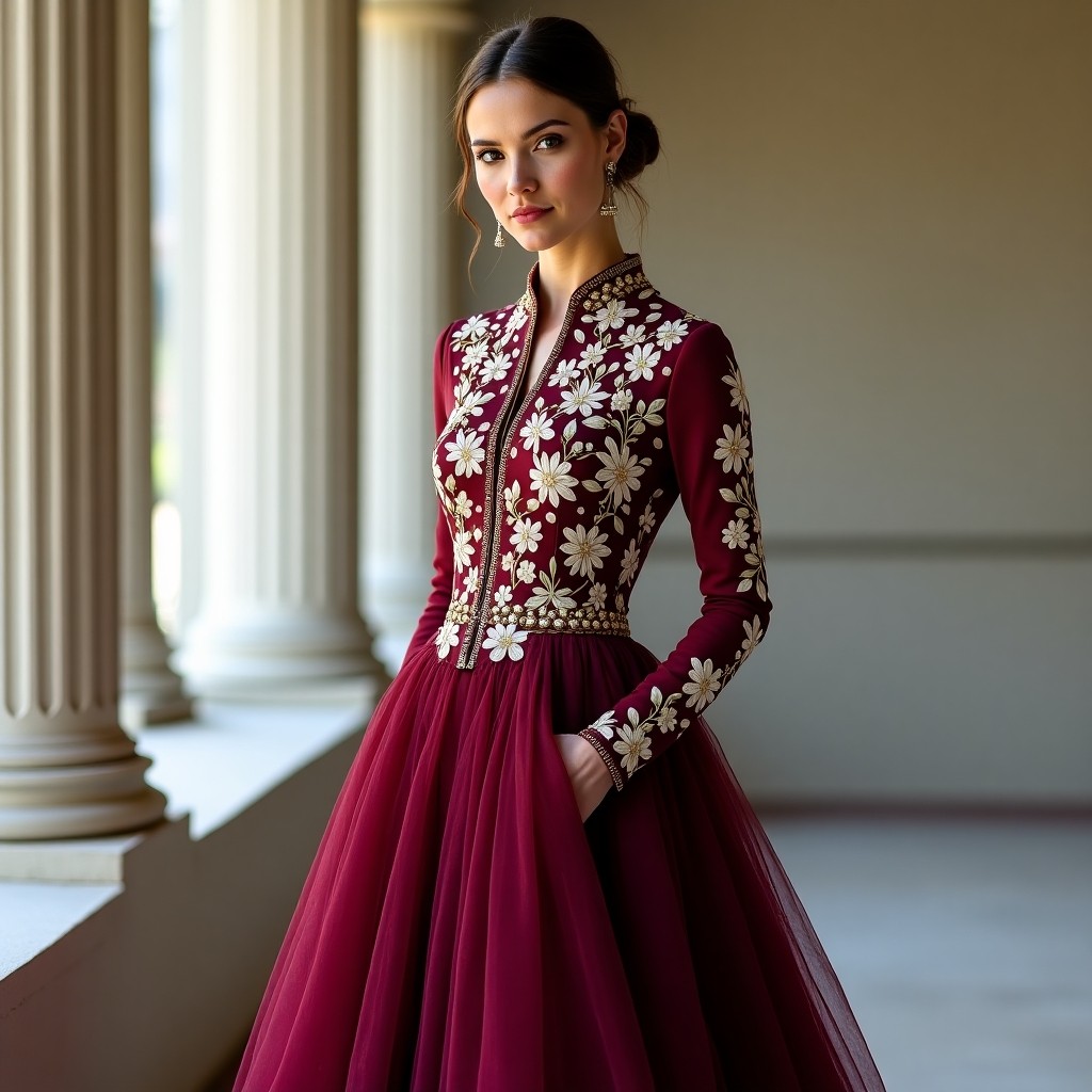 Burgundy Floral Embroidered Abaya Maxi Gown