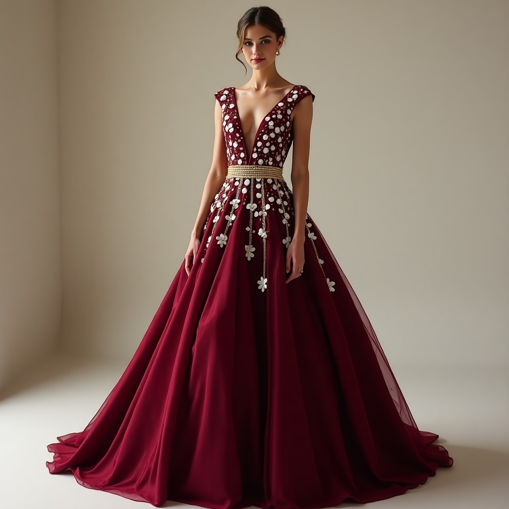 Burgundy Floral Embroidered Luxury Gown