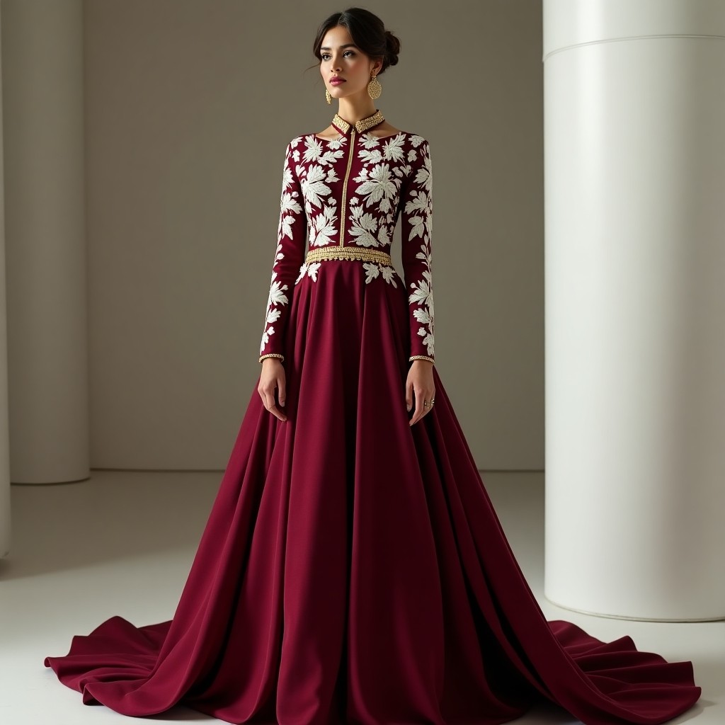 Elegant Maroon Floral Embroidered Abaya Dress