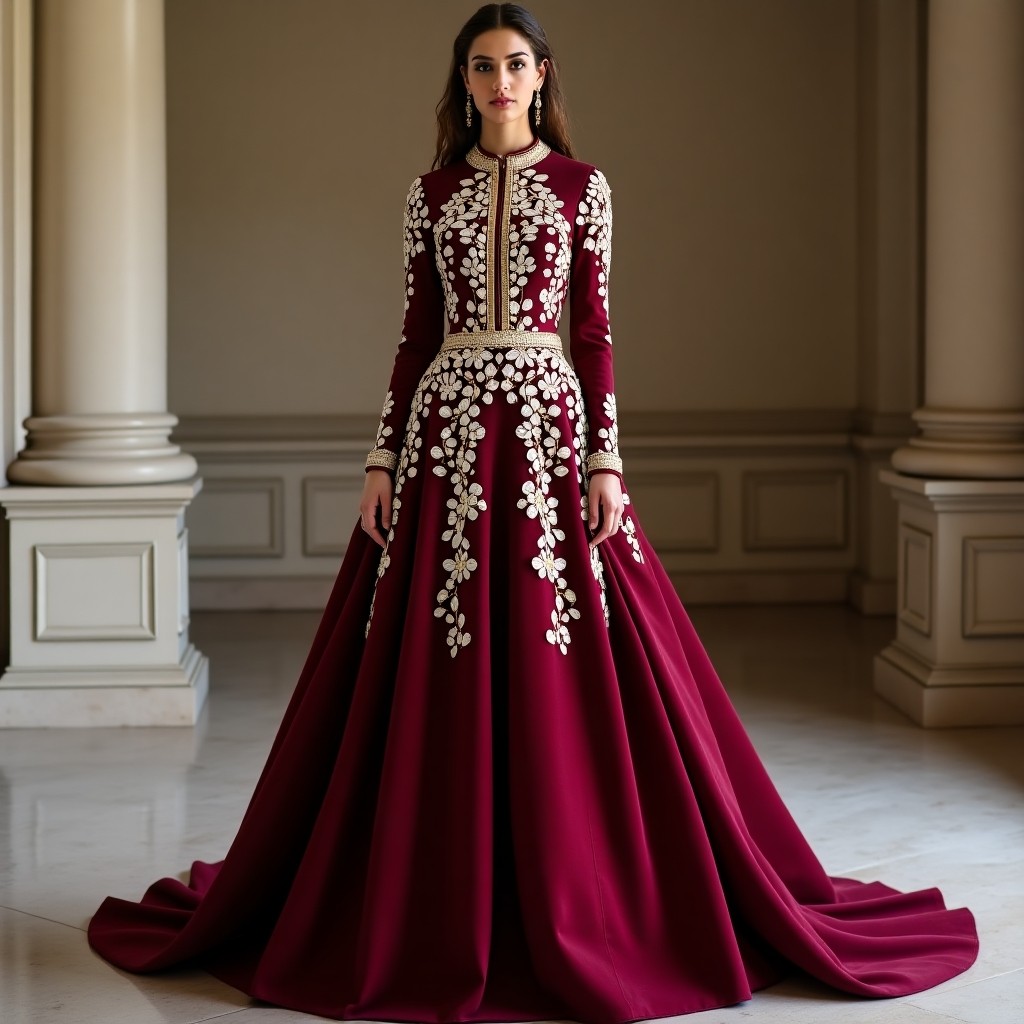 Maroon Floral Embroidery Abaya Maxi Gown