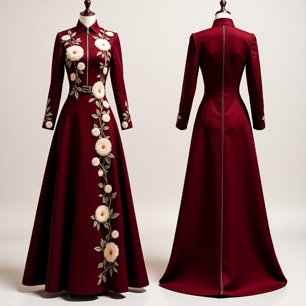 Burgundy Floral Embroidered Statement Gown