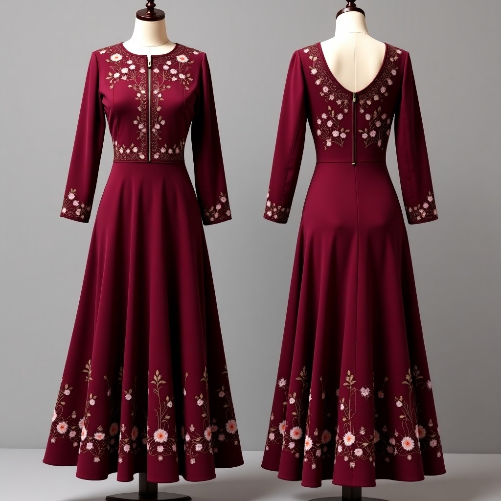 Maroon Embroidered Modest Maxi Gown