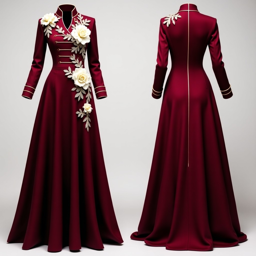 Luxury Burgundy Floral Abaya Maxi Dress