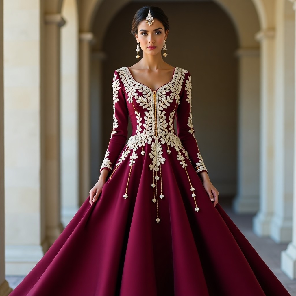 Burgundy Embroidered Couture Maxi Gown