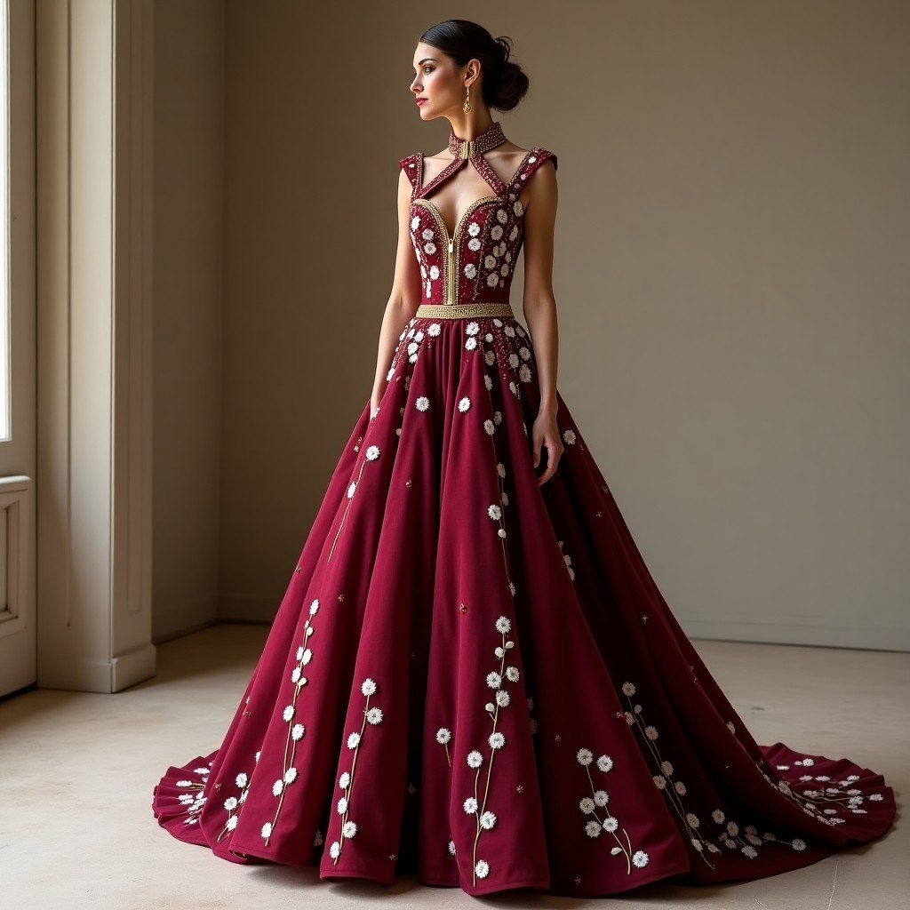 Luxury Maroon Embroidered Abaya Maxi