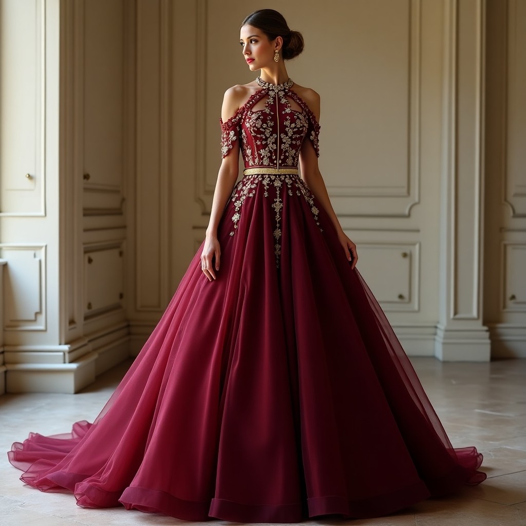 Elegant Maroon Blossom Maxi Gown