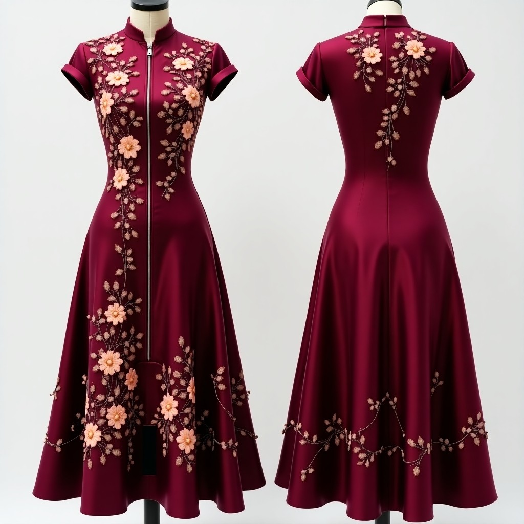 Elegant Maroon Floral Abaya Evening Maxi
