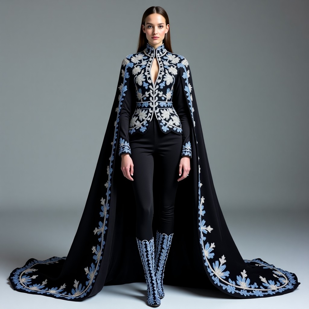 Royal Gold Trim Embroidered Cape Suit