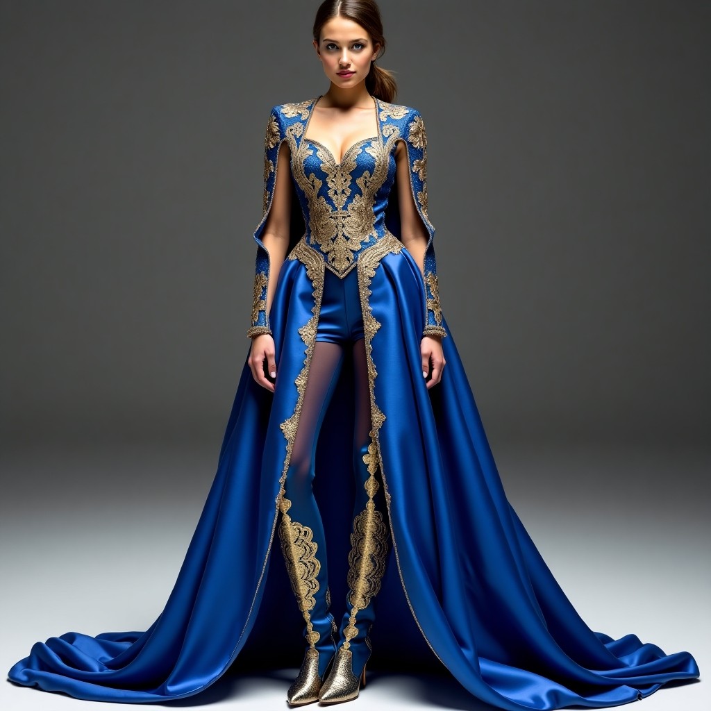Royal Black Gold Embroidered Cape Ensemble