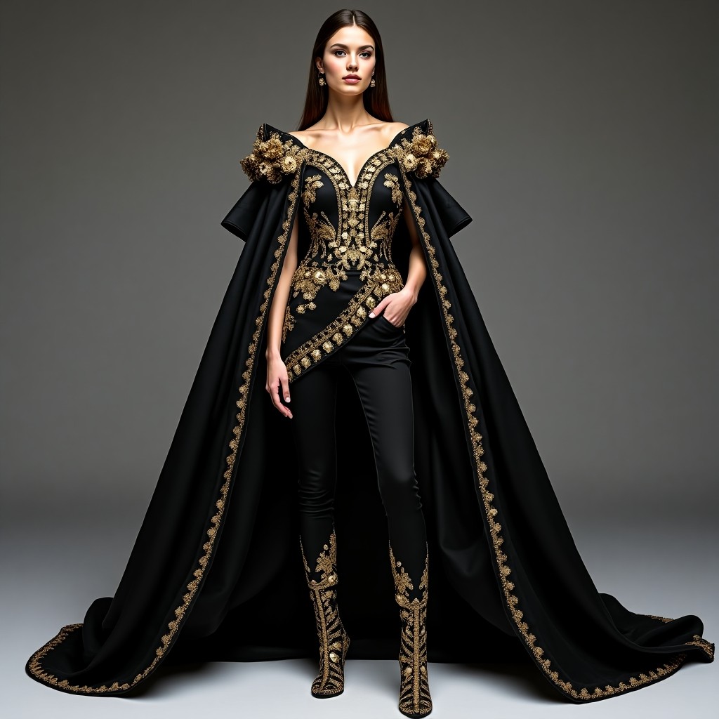 Grand Royal Black Embroidered Cape