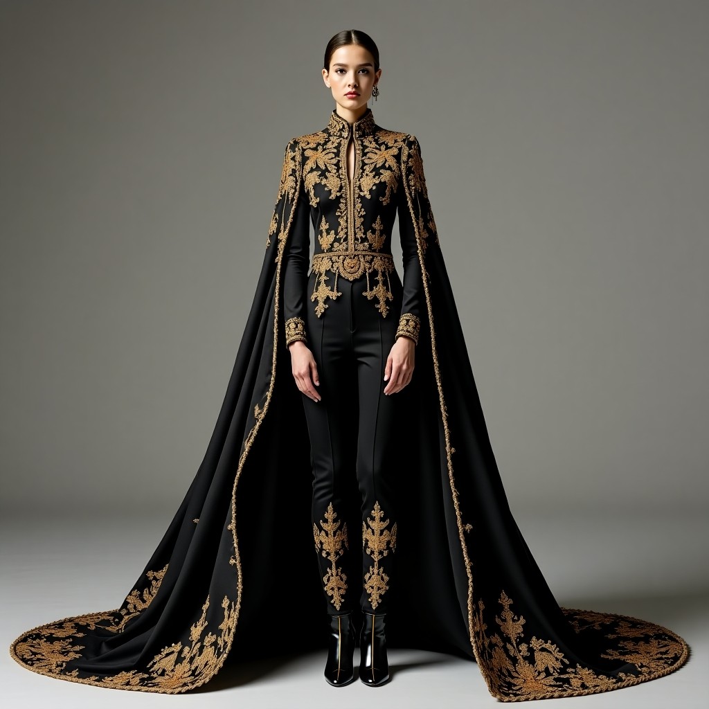 Majestic Black Gold Couture Blazer Cape