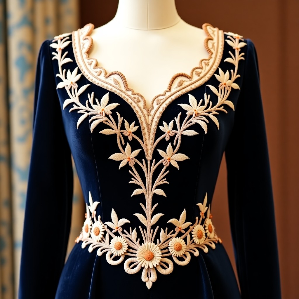 Regal Blossom Embroidery Neck Gown