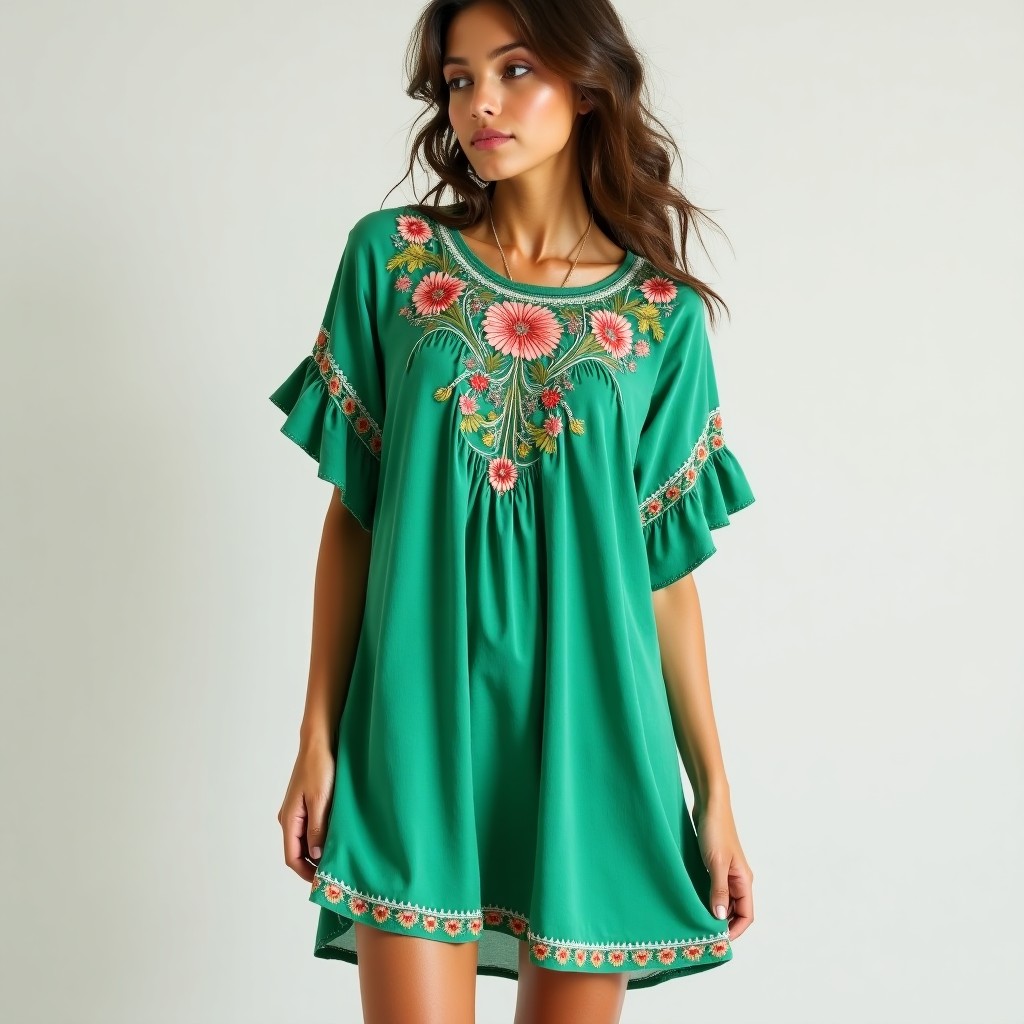 Bohemian Botanical Embroidered Mini Dress