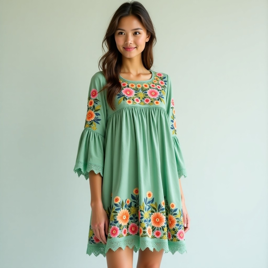 Bohemian Floral Embroidered Tunic Dress