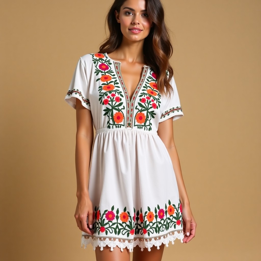 Bohemian Floral Motif Embroidered Dress