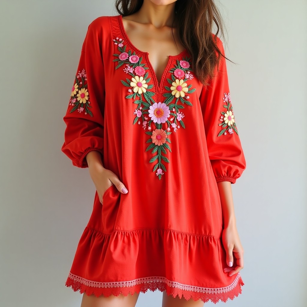 Bohemian Vine Embroidered Swing Dress