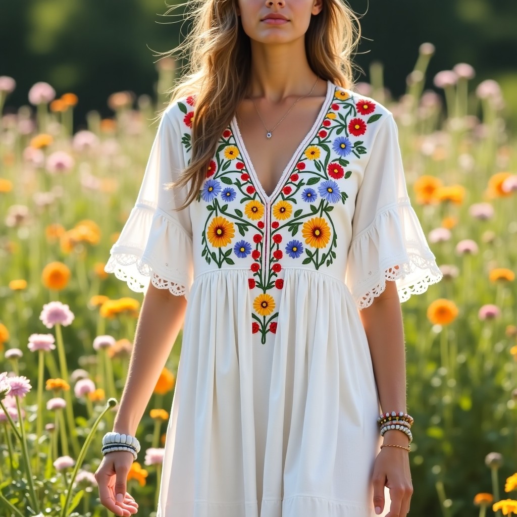 Boho Meadow Foliage Embroidered Maxi Dress