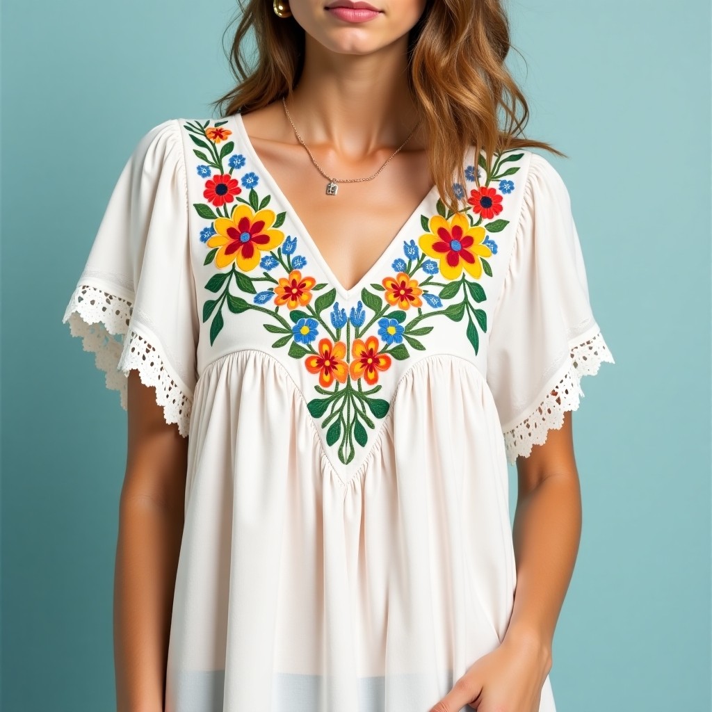 Bohemian Botanical Meadow Embroidered Flowy Dress
