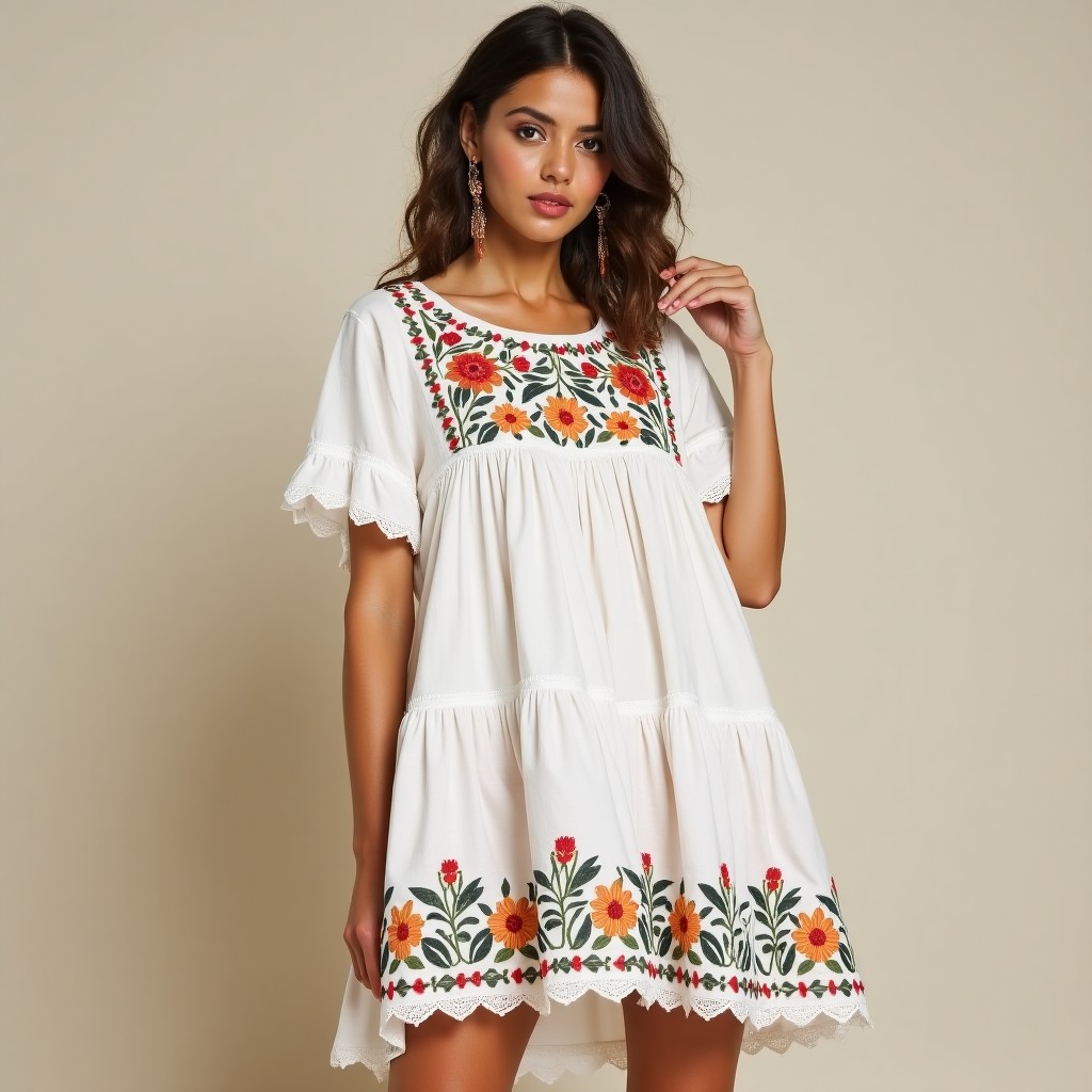 Boho Meadow Leaf Embroidered Dress