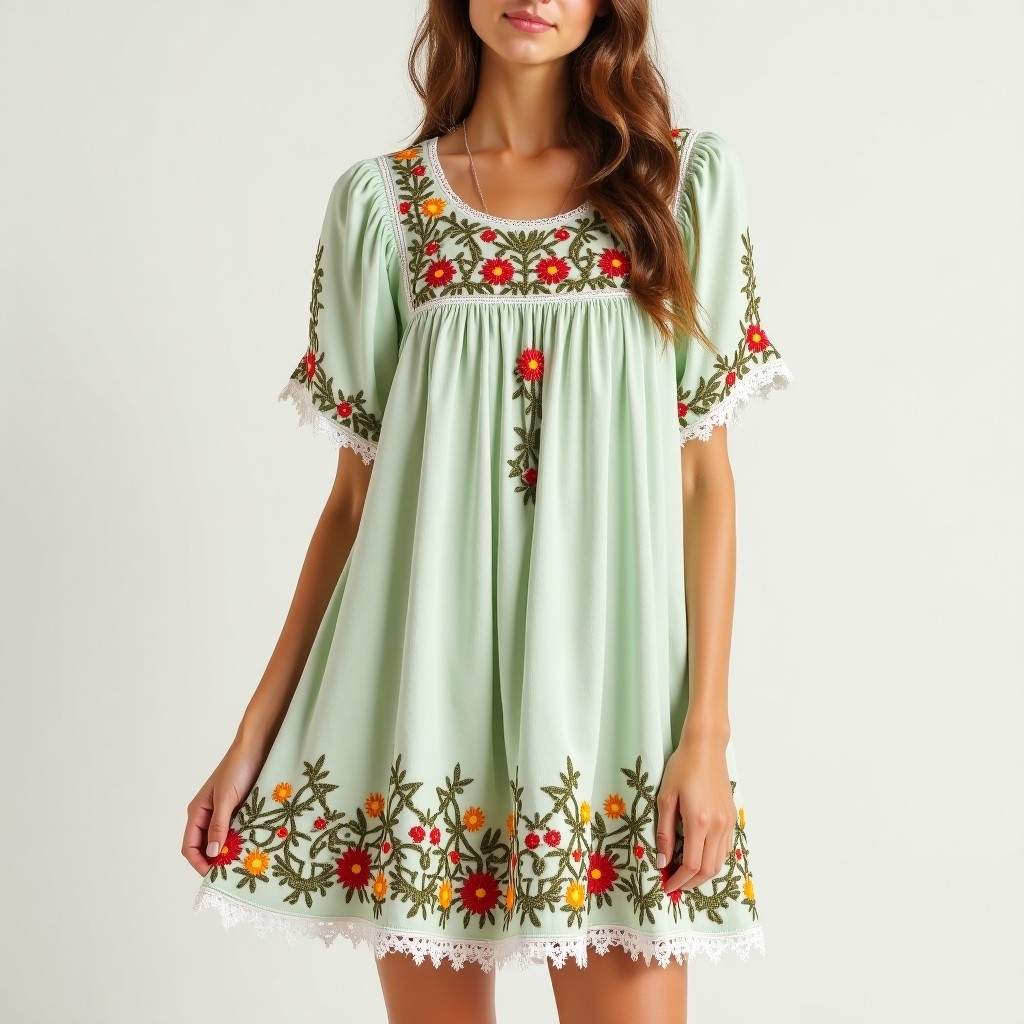 Boho Nature Foliage Flowy Embroidered Dress